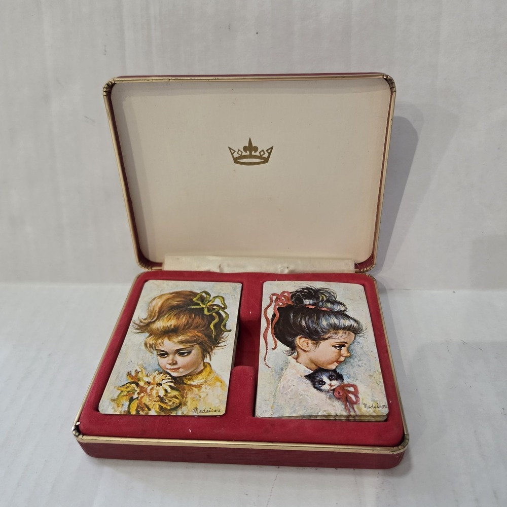 Vintage Medeiros Art Girl Playing Cards Hinged Case Gold Edges *Missing 3 Cards